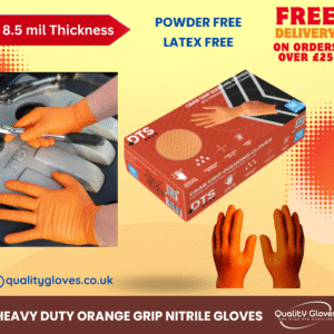 DTS Crab Grip Heavy Duty Super Strong Orange Grip Nitrile Gloves PF 8 mil – Mechanical, Industrial, Engineering, Lab, Food, Cleaning, Plumbing, Gardening - 50 Gloves/box