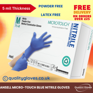 Ansell Micro-Touch Accelerator Free Blue Nitrile Examination Gloves – Medical, Healthcare, Care, Food, Mechanical, Hair & Beauty, Care, Industry, Cleaning (Box of 100 gloves)